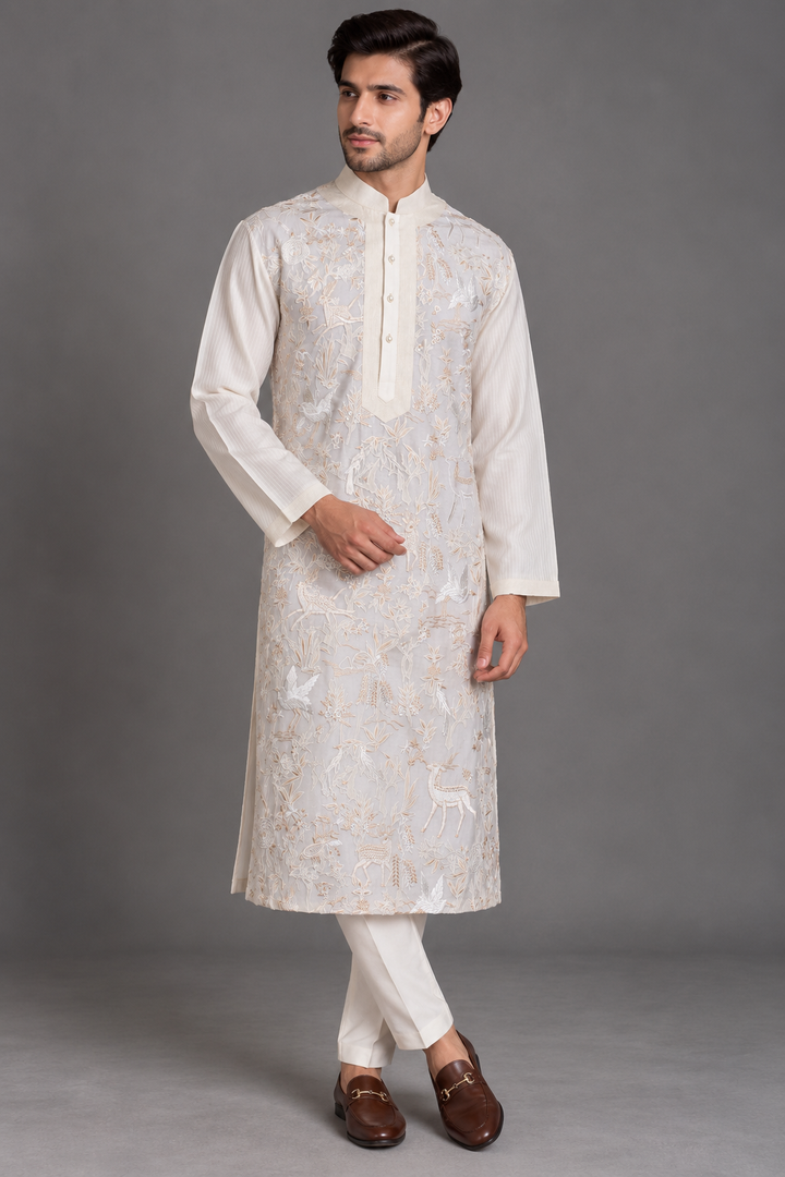 Off-White Chanderi Kurta for Men | Jaal Embroidered Designer Kurta | Wedding & Festive Wear