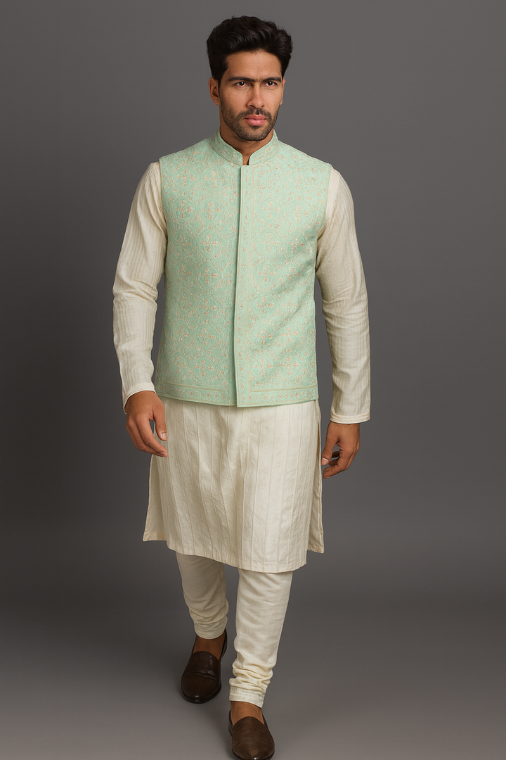 Aqua Embroidered Bundi with Off-White Pintuck Silk Kurta Set