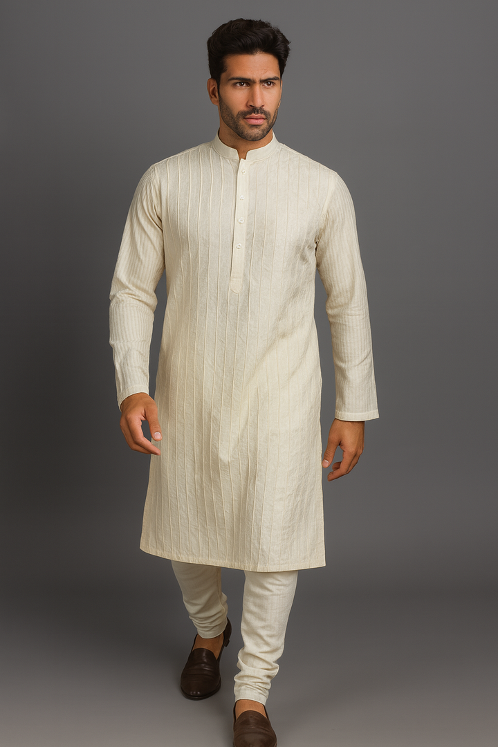 Aqua Embroidered Bundi with Off-White Pintuck Silk Kurta Set
