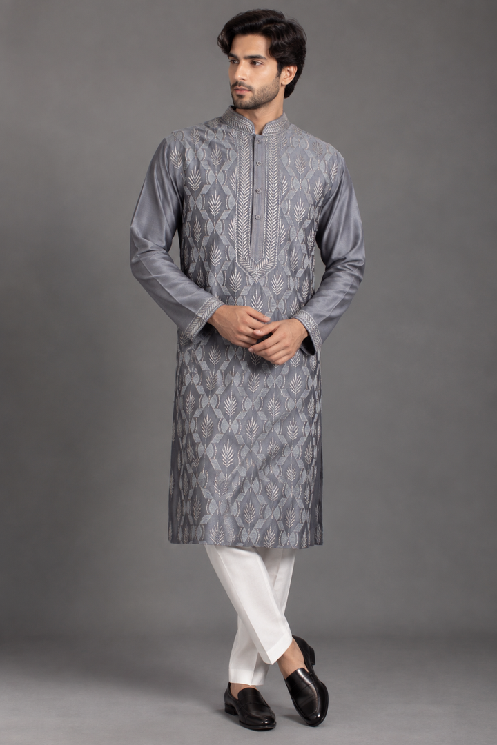Grey Chanderi Kurta for Men | Jaal Embroidered Designer Kurta | Premium Wedding & Festive Wear