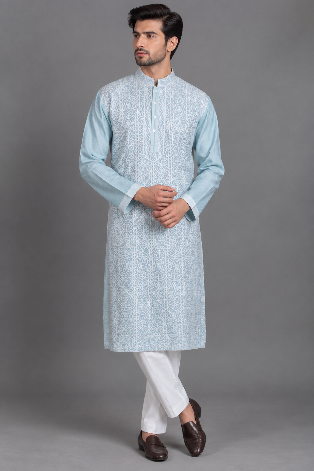 Sky Blue Chanderi Kurta for Men | Laser Cut & Stitchline Designer Kurta | Wedding & Festive Wear