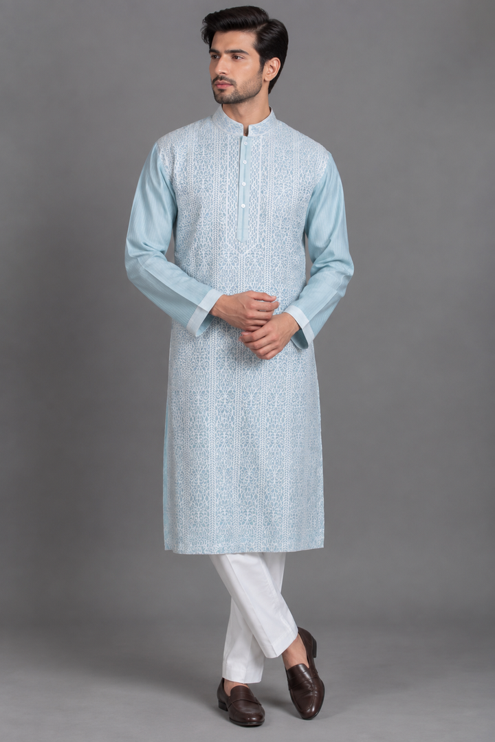 Sky Blue Chanderi Kurta for Men | Laser Cut & Stitchline Designer Kurta | Wedding & Festive Wear