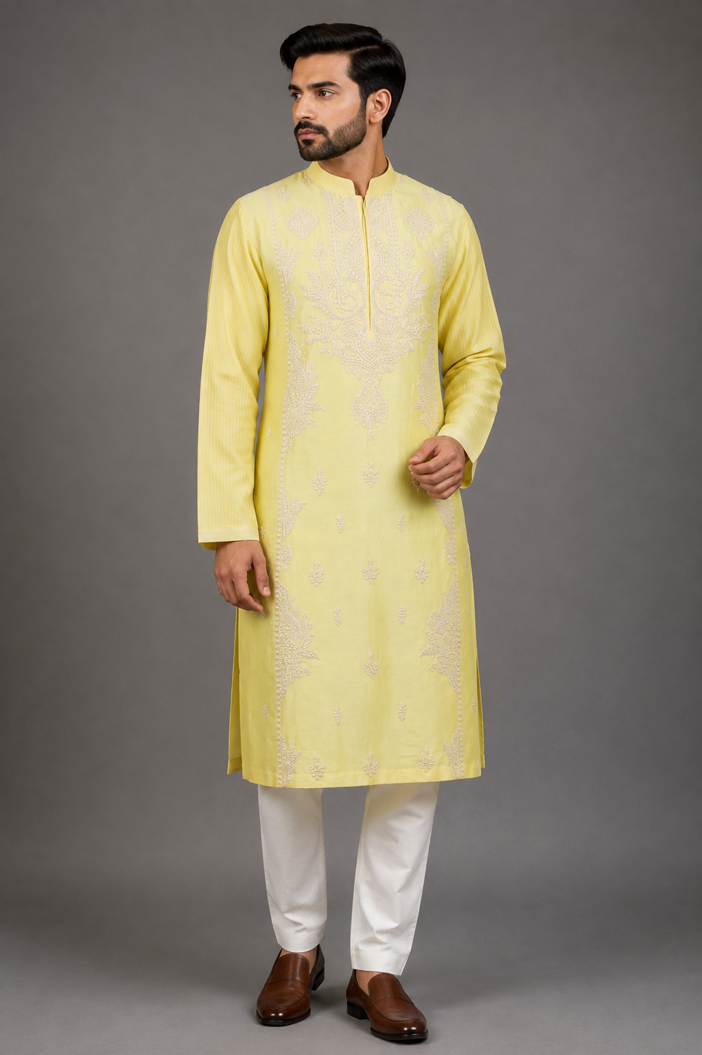 Yellow Chanderi Kurta for Men | Dori Embroidered Booti Kurta | Haldi, Wedding & Festive Wear