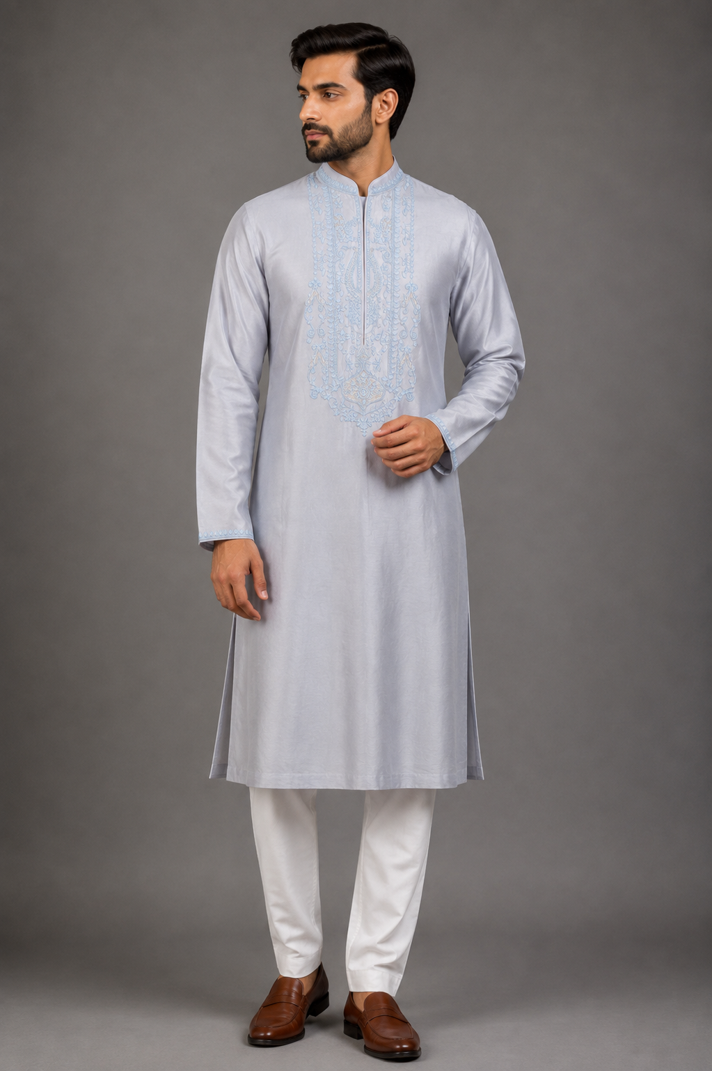 Sky Blue Chanderi Kurta for Men | Dori Embroidered Designer Kurta | Wedding & Festive Wear