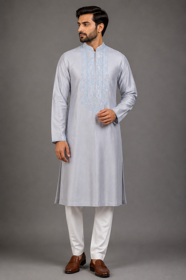 Sky Blue Chanderi Kurta for Men | Dori Embroidered Designer Kurta | Wedding & Festive Wear
