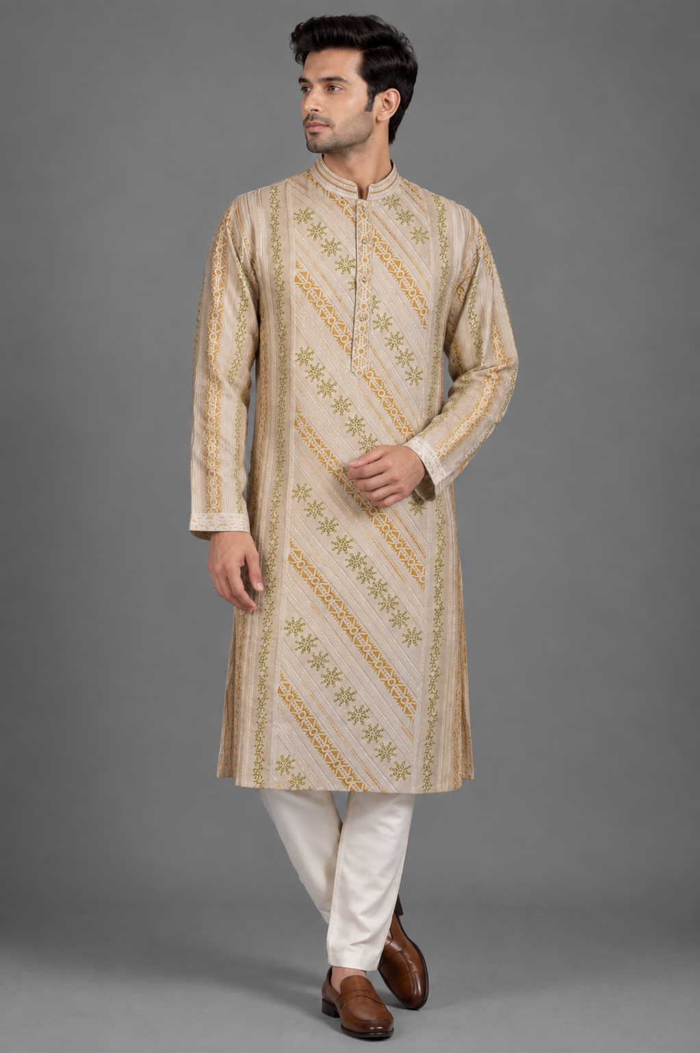 Green Printed Cotton Silk Kurta for Men | Hand Embroidered Designer Kurta | Wedding & Festive Wear