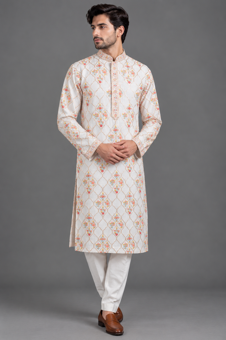 Off-White Chanderi Kurta for Men | Aari Jaal & Gota Detail | Luxury Wedding & Festive Wear