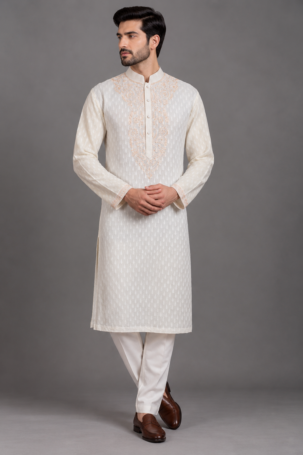 Cream Banarasi Silk Kurta for Men | Aari & Hand Embroidered Kurta | Luxury Wedding & Festive Wear