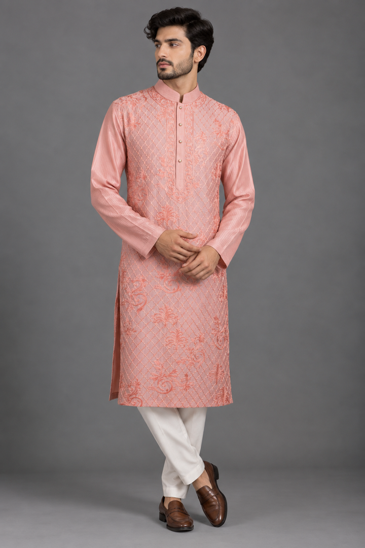 Pink Chanderi Kurta for Men | Aari Jaal Embroidered Designer Kurta | Wedding & Festive Wear