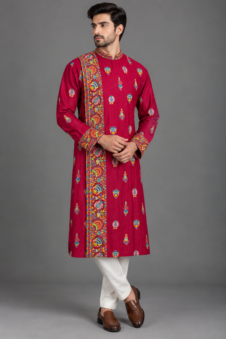 Maroon Moonga Silk Kurta for Men | Hand Kashmiri Embroidered Kurta | Luxury Wedding & Festive Wear