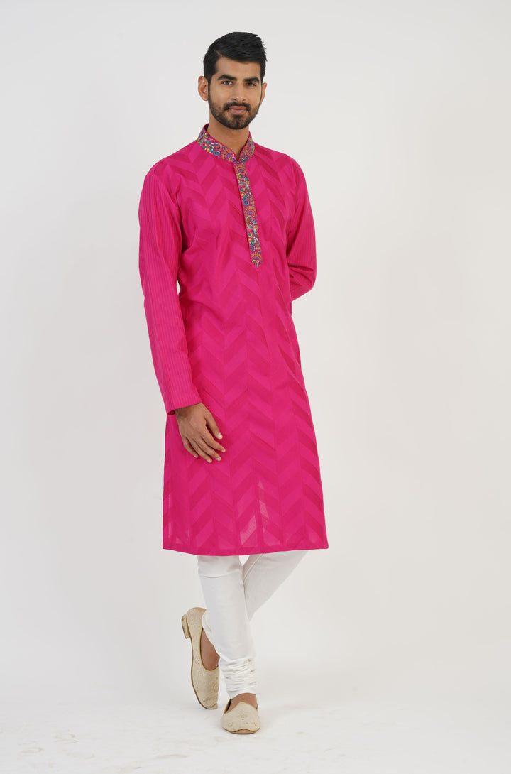 Rani Pink Pintuck Kurta with Kashmiri Embroidery Detailing