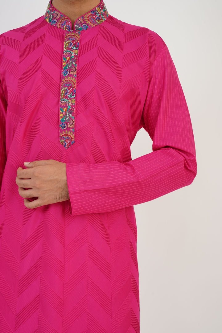 Rani Pink Pintuck Kurta with Kashmiri Embroidery Detailing