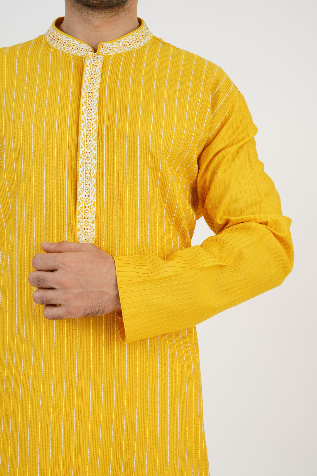Yellow Pintuck Kurta With Embroidered collar