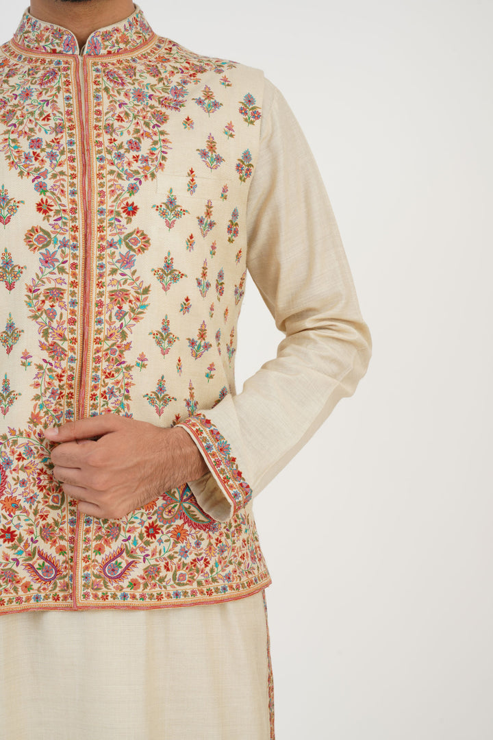 Beige Multicolored Embroidered  Bundi Kurta Set
