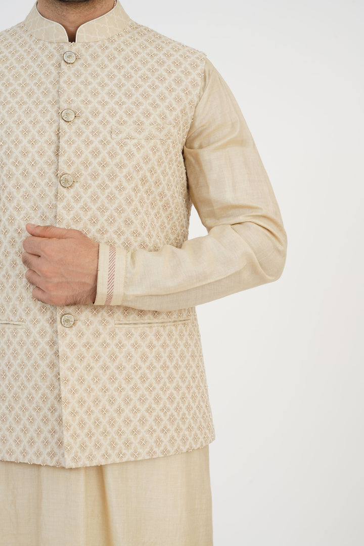 Beige Embroidered Bundi kurta Set