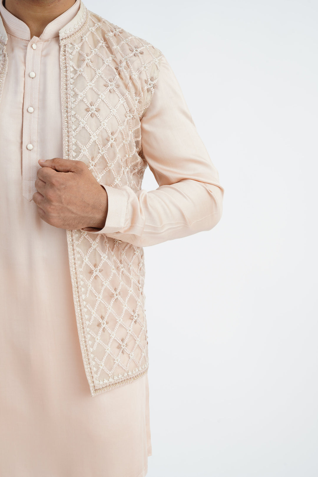 Beige Organza All Embroidered Bundi Kurta Set