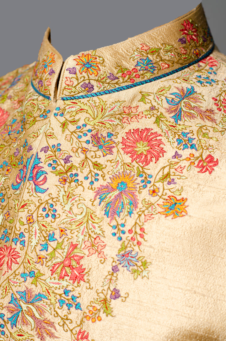 Men’s Beige Raw Silk Kurta Bundi Set with Kashmiri Embroidery