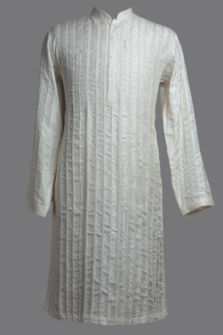Aqua Embroidered Bundi with Off-White Pintuck Silk Kurta Set