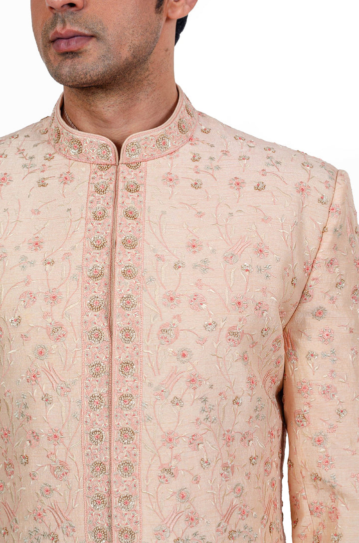 Peach Turkish Tonal Embroidered Sherwani Set