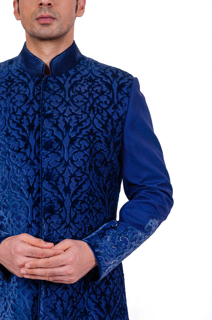 Navy velvet Cut worked Achkan Set