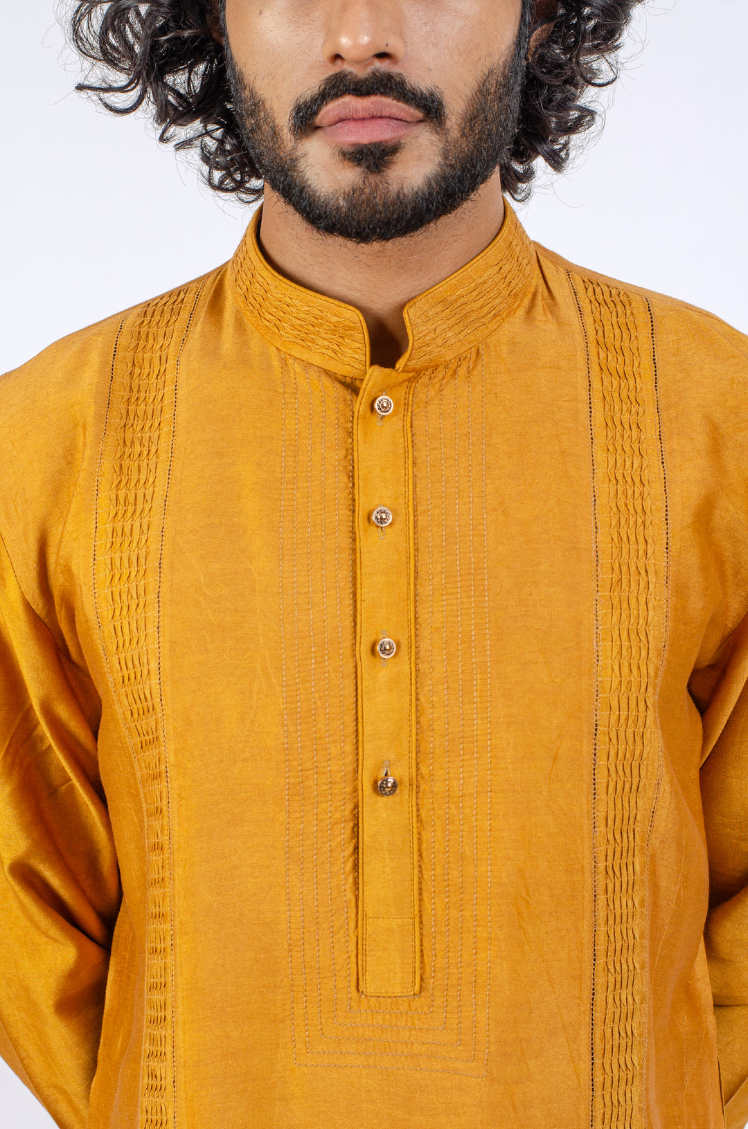 MUSTARD YELLOW NECKLINE AND SIDE PINTUCK PANNEL KURTA (only kurta)