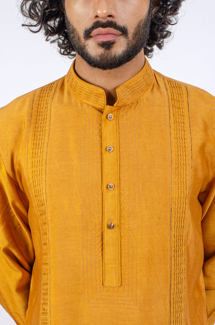 MUSTARD YELLOW NECKLINE AND SIDE PINTUCK PANNEL KURTA (only kurta)