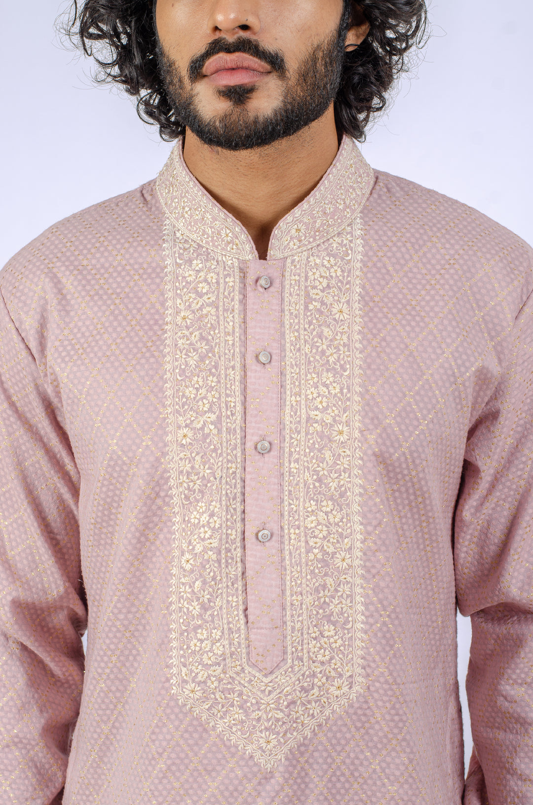 ONION PINK MACHINE EMBROIDERED NECK LINE KURTA (only kurta)