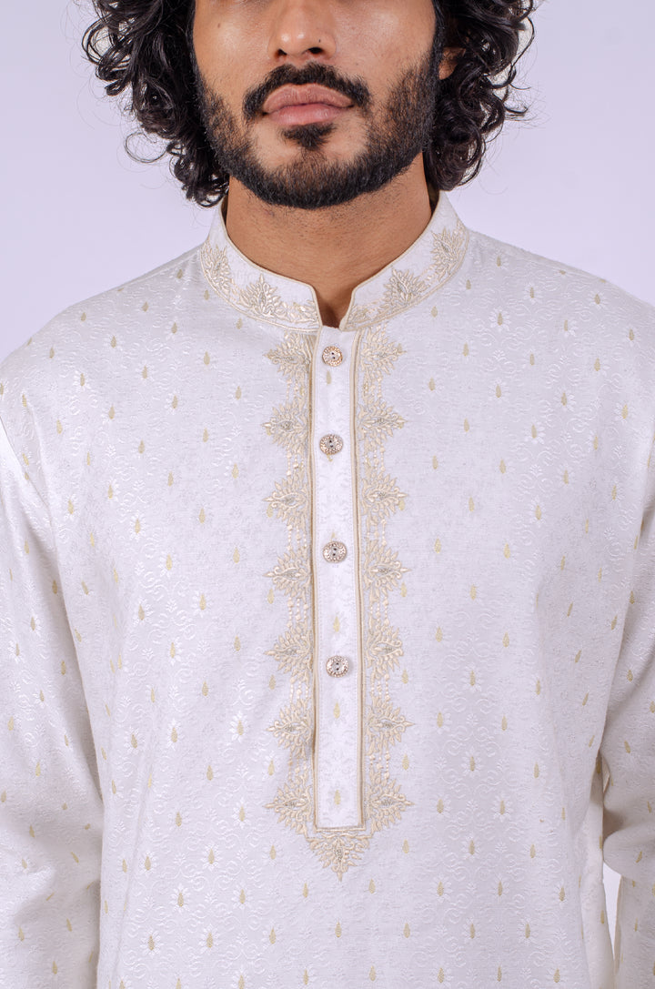 WHITE MACHINE EMBROIDERED NECKLINE KURTA (only kurta)
