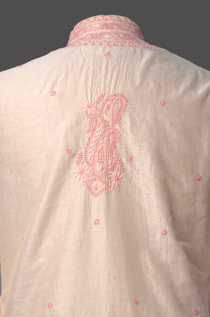 Men's Off-White Chanderi Kurta Set with All-Over Hand Chikankari Embroidery