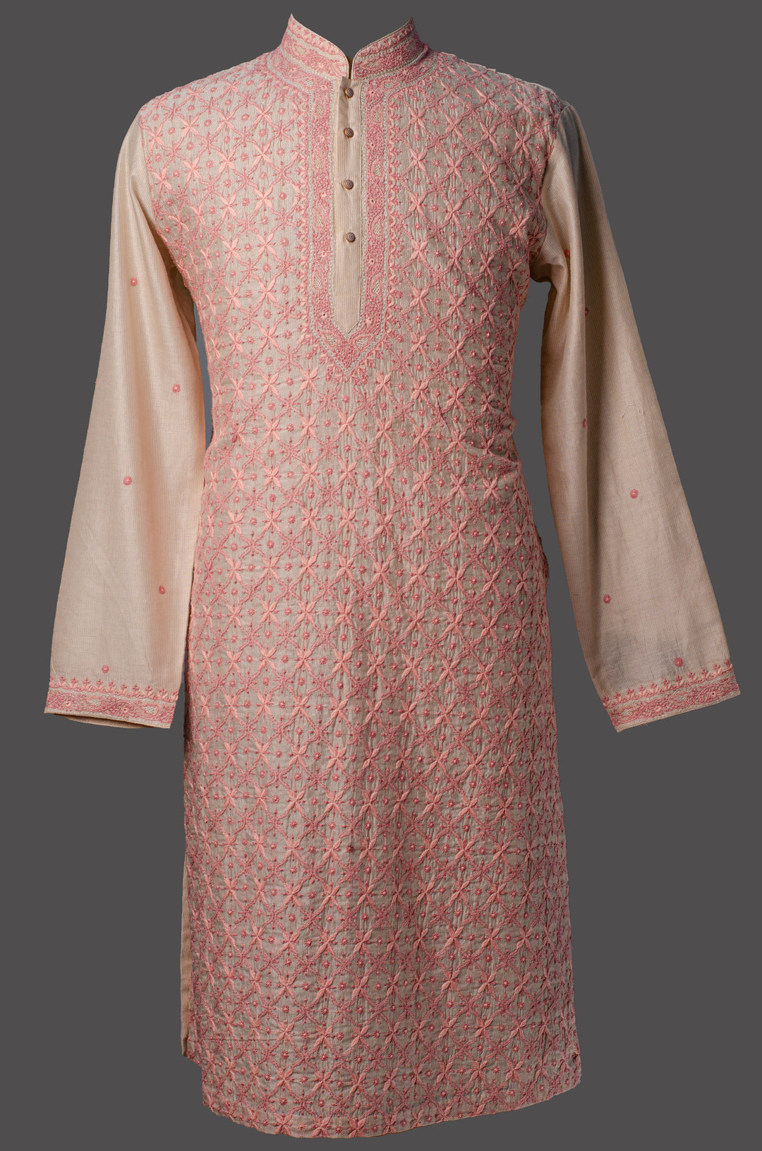 Men's Off-White Chanderi Kurta Set with All-Over Hand Chikankari Embroidery