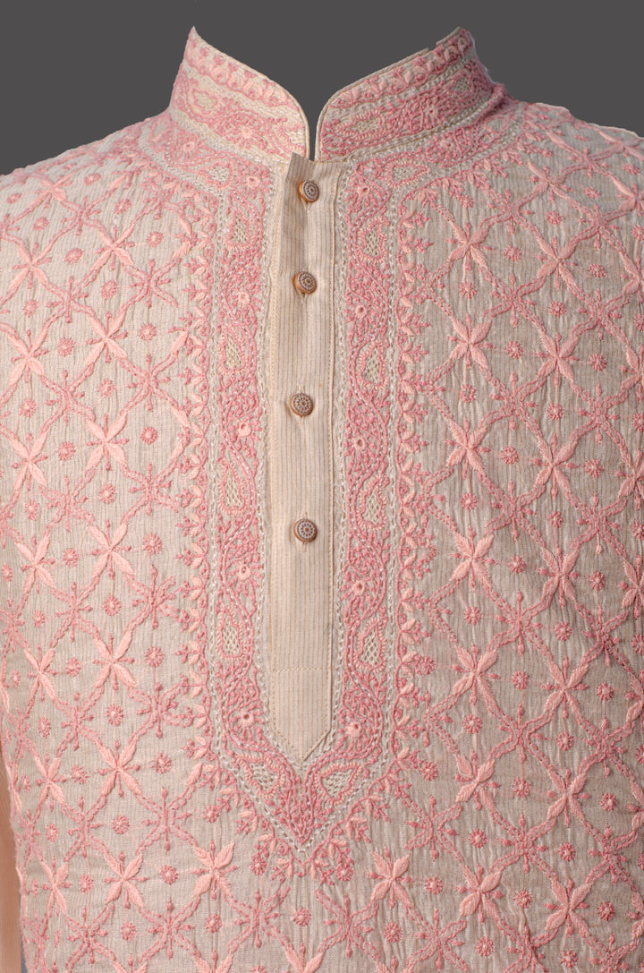 Men's Off-White Chanderi Kurta Set with All-Over Hand Chikankari Embroidery