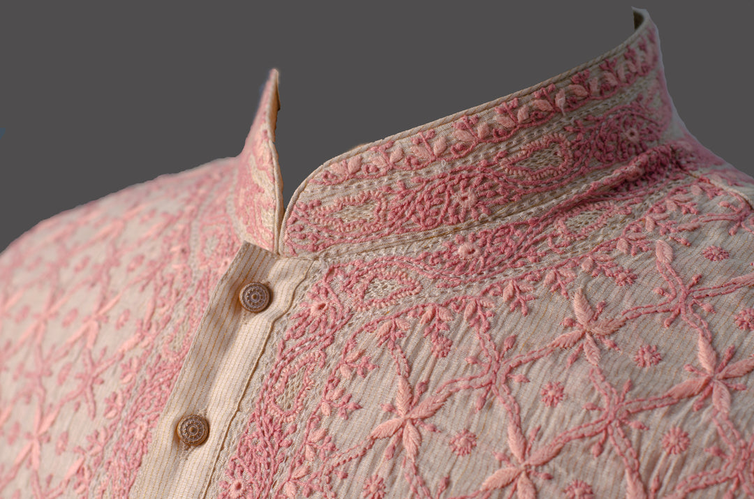 Men's Off-White Chanderi Kurta Set with All-Over Hand Chikankari Embroidery