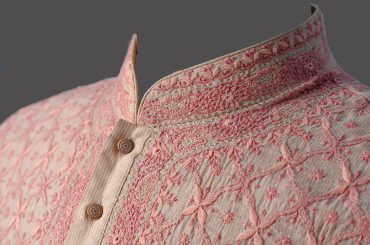 Men's Off-White Chanderi Kurta Set with All-Over Hand Chikankari Embroidery
