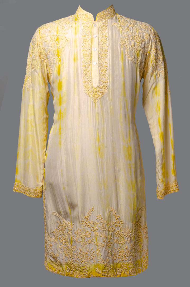 Yellow Tie & Dye Silk Kurta Set with Hand & Machine Embroidery