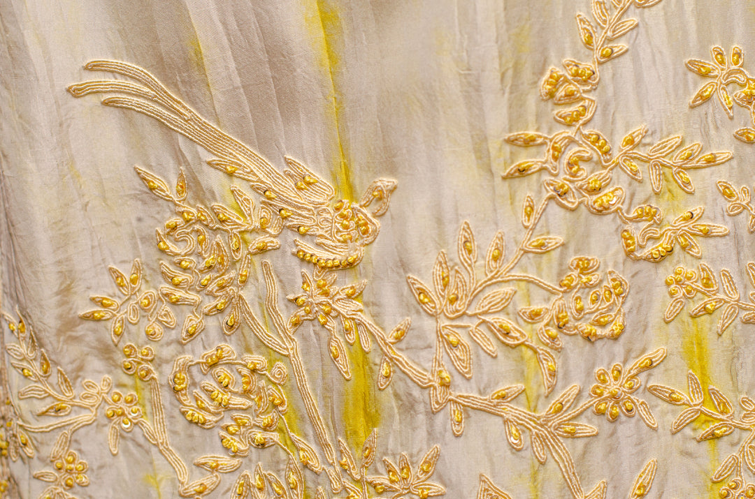 Yellow Tie & Dye Silk Kurta Set with Hand & Machine Embroidery