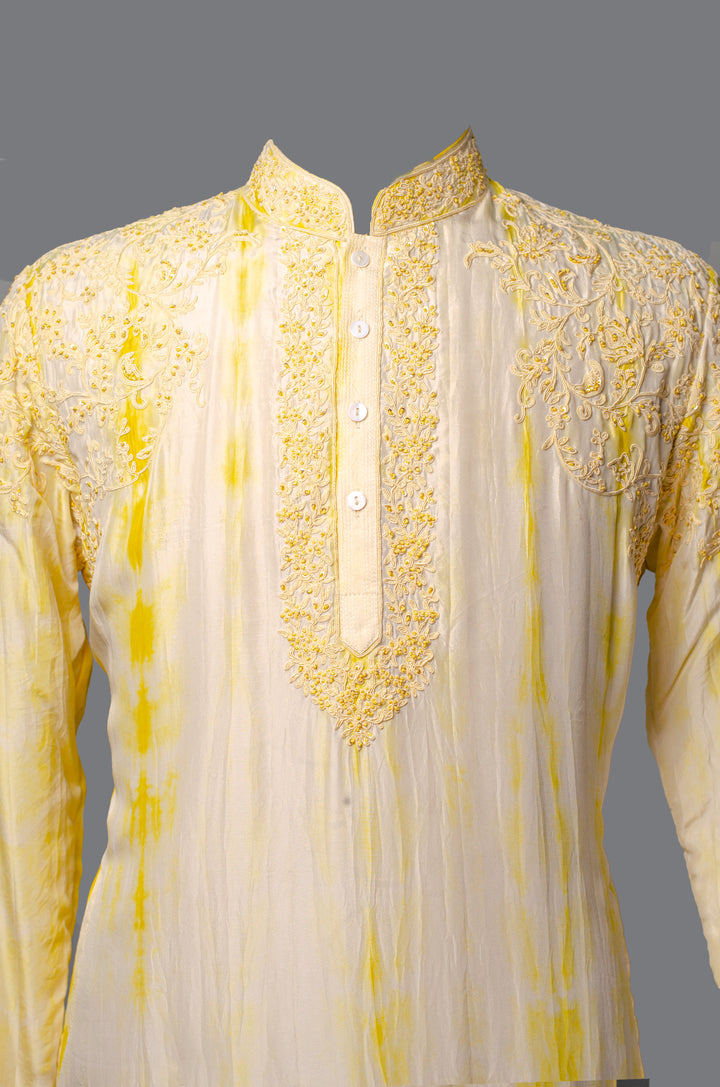 Yellow Tie & Dye Silk Kurta Set with Hand & Machine Embroidery