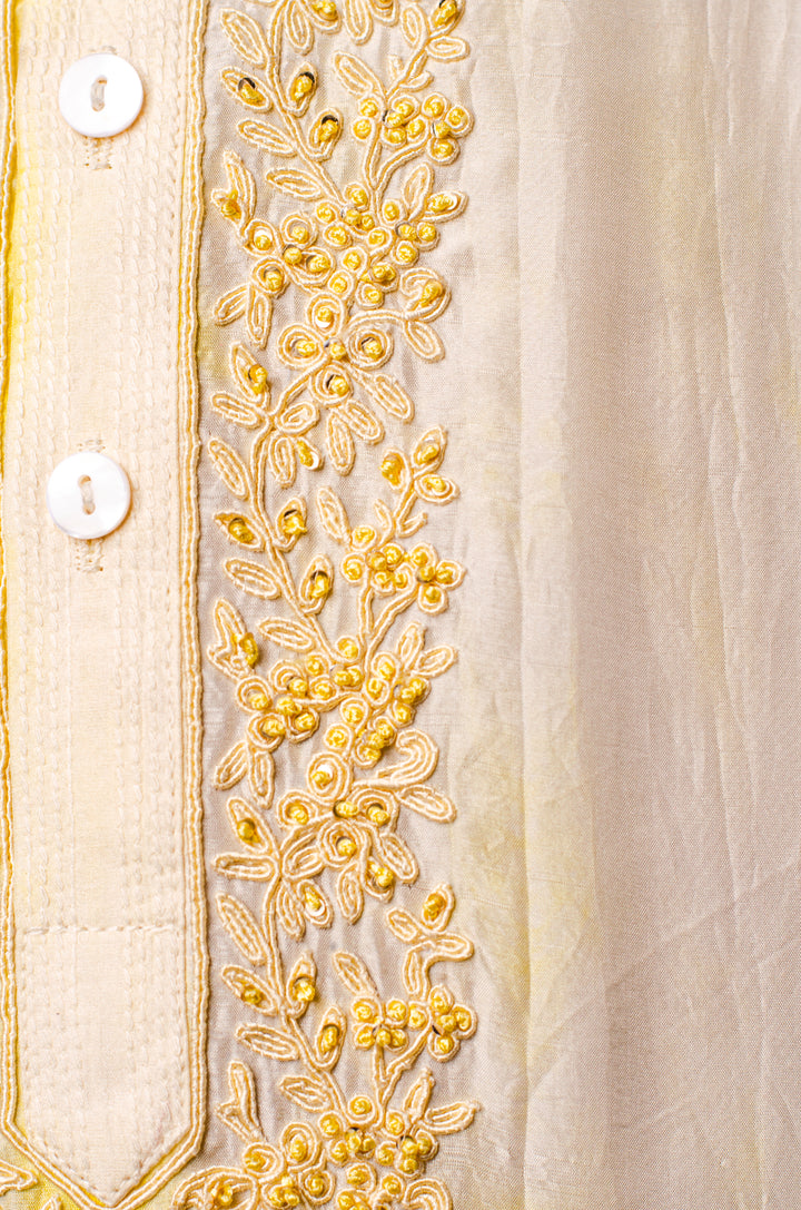 Yellow Tie & Dye Silk Kurta Set with Hand & Machine Embroidery