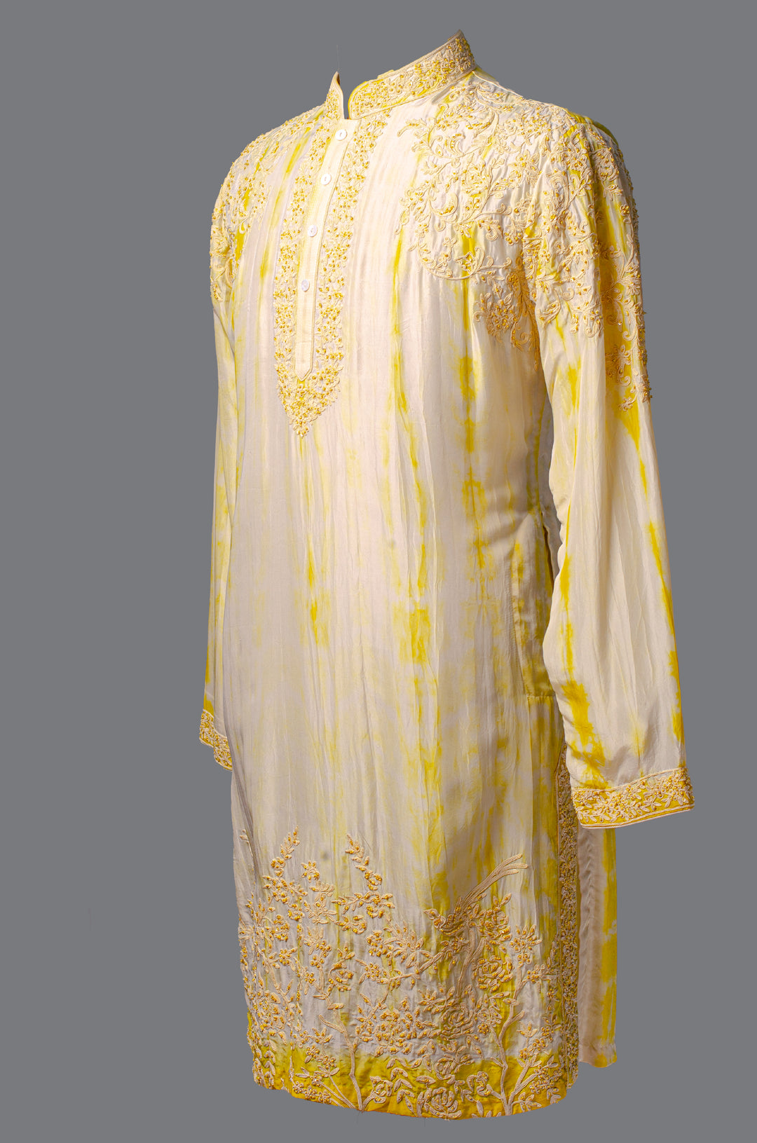 Yellow Tie & Dye Silk Kurta Set with Hand & Machine Embroidery