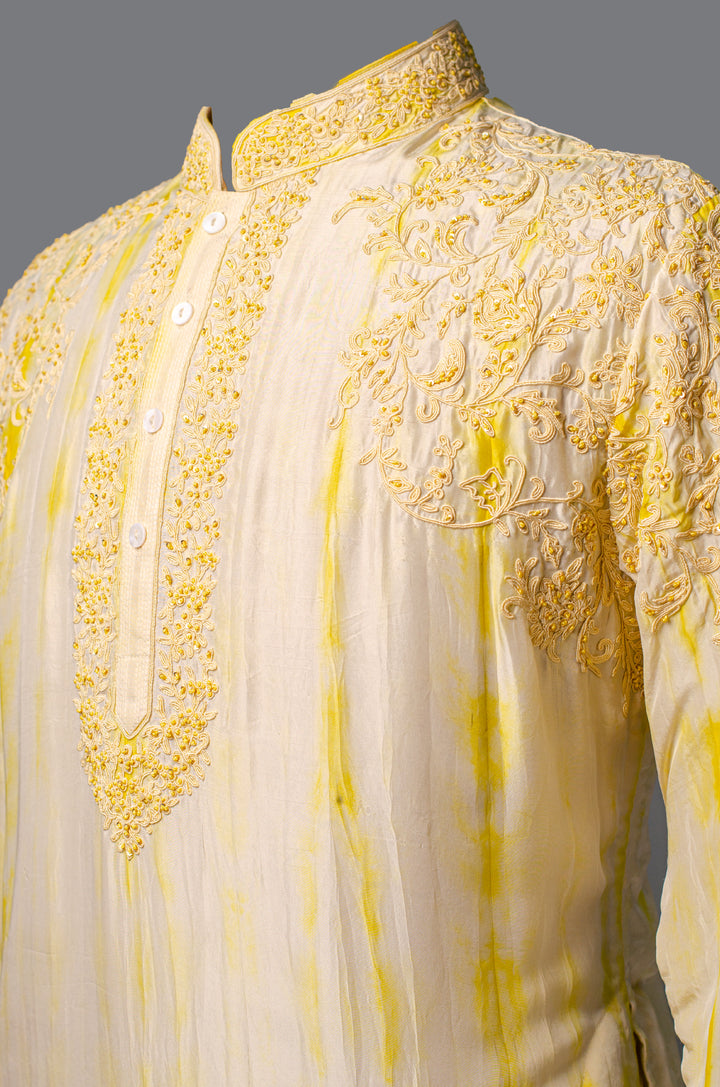 Yellow Tie & Dye Silk Kurta Set with Hand & Machine Embroidery