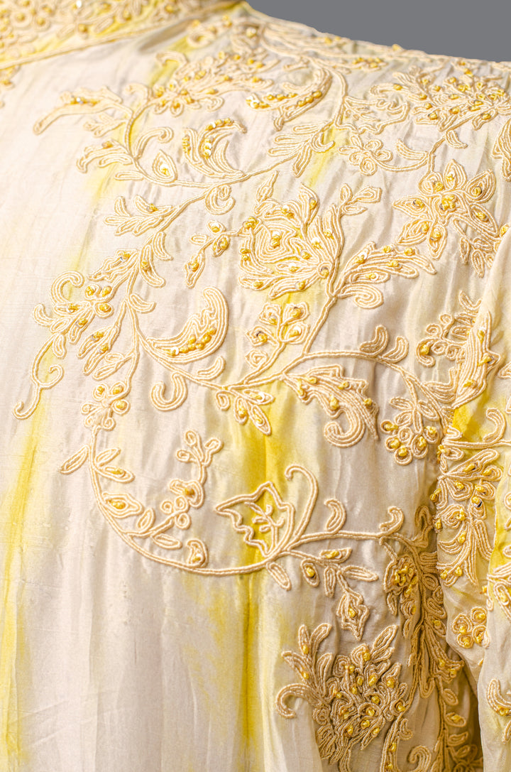 Yellow Tie & Dye Silk Kurta Set with Hand & Machine Embroidery