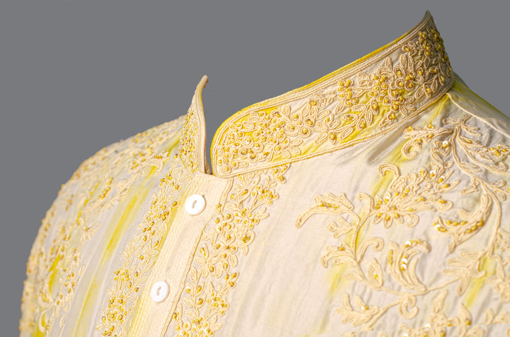 Yellow Tie & Dye Silk Kurta Set with Hand & Machine Embroidery