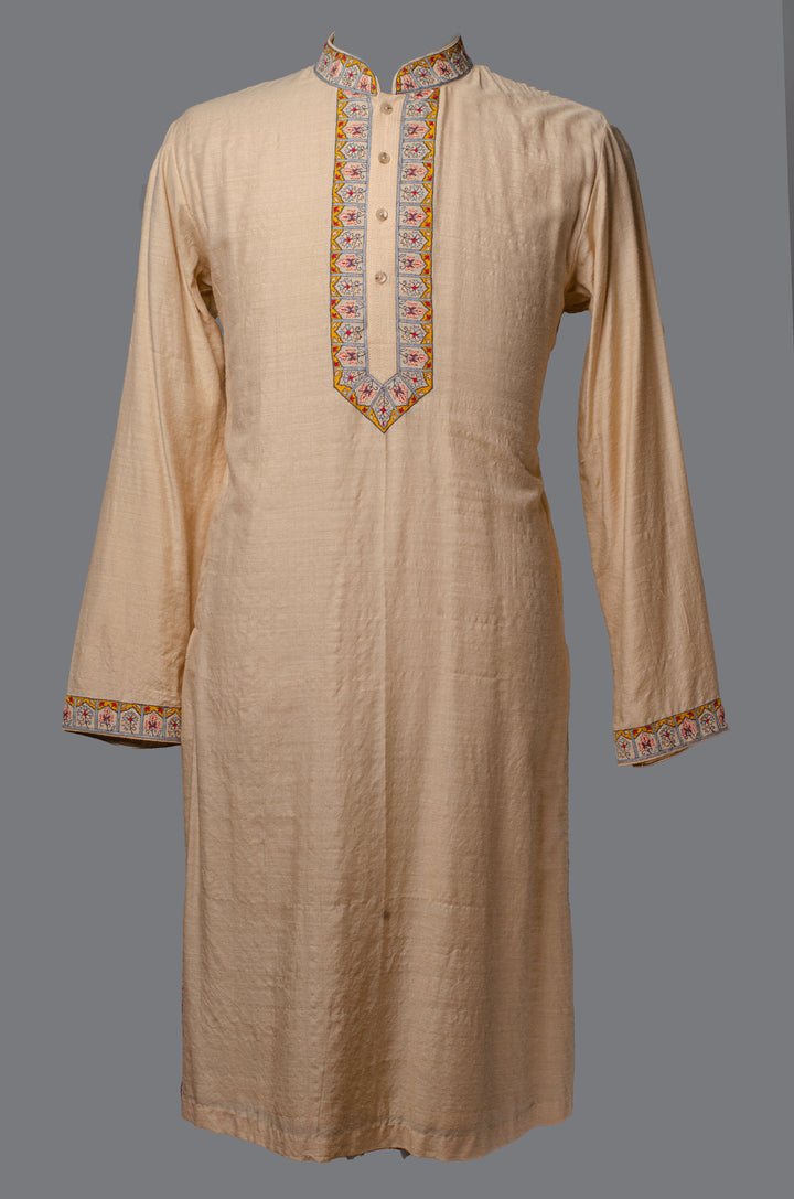 Men’s Beige Moonga Silk Kurta & Bundi Set with Machine Embroidery