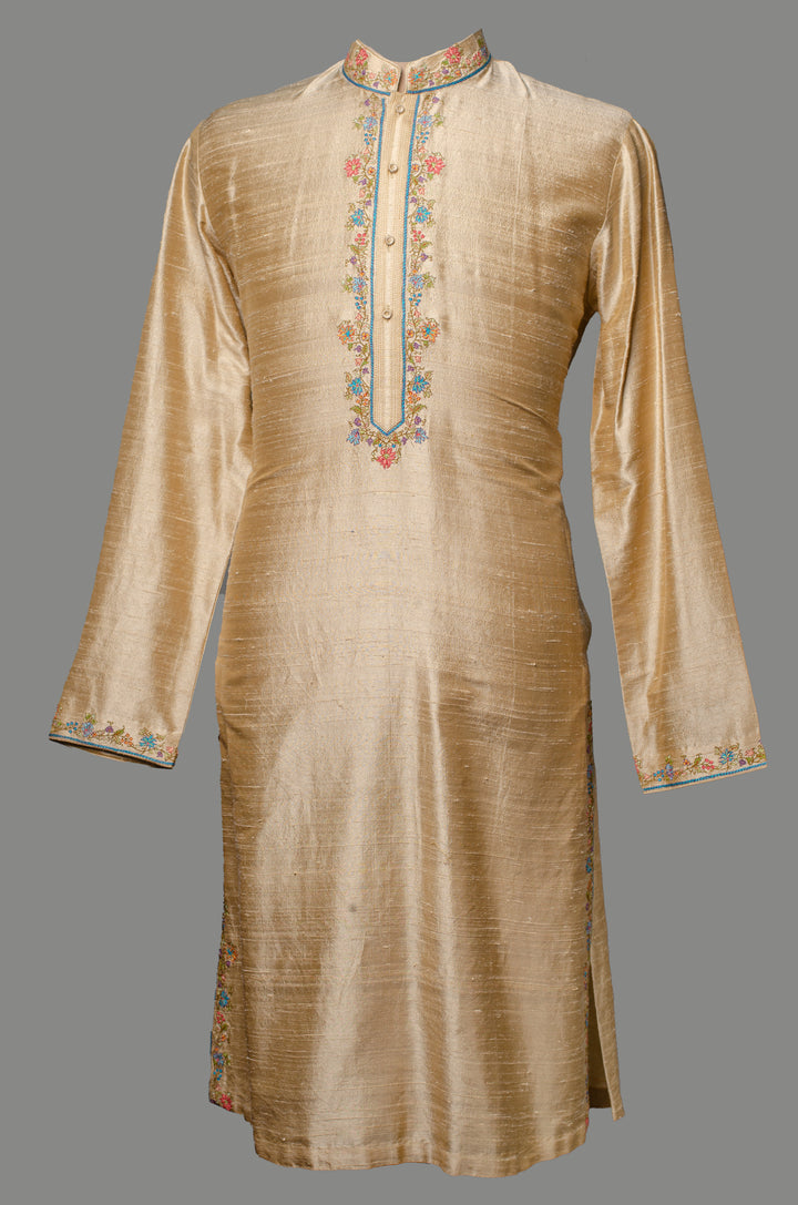 Men’s Beige Raw Silk Kurta Bundi Set with Kashmiri Embroidery