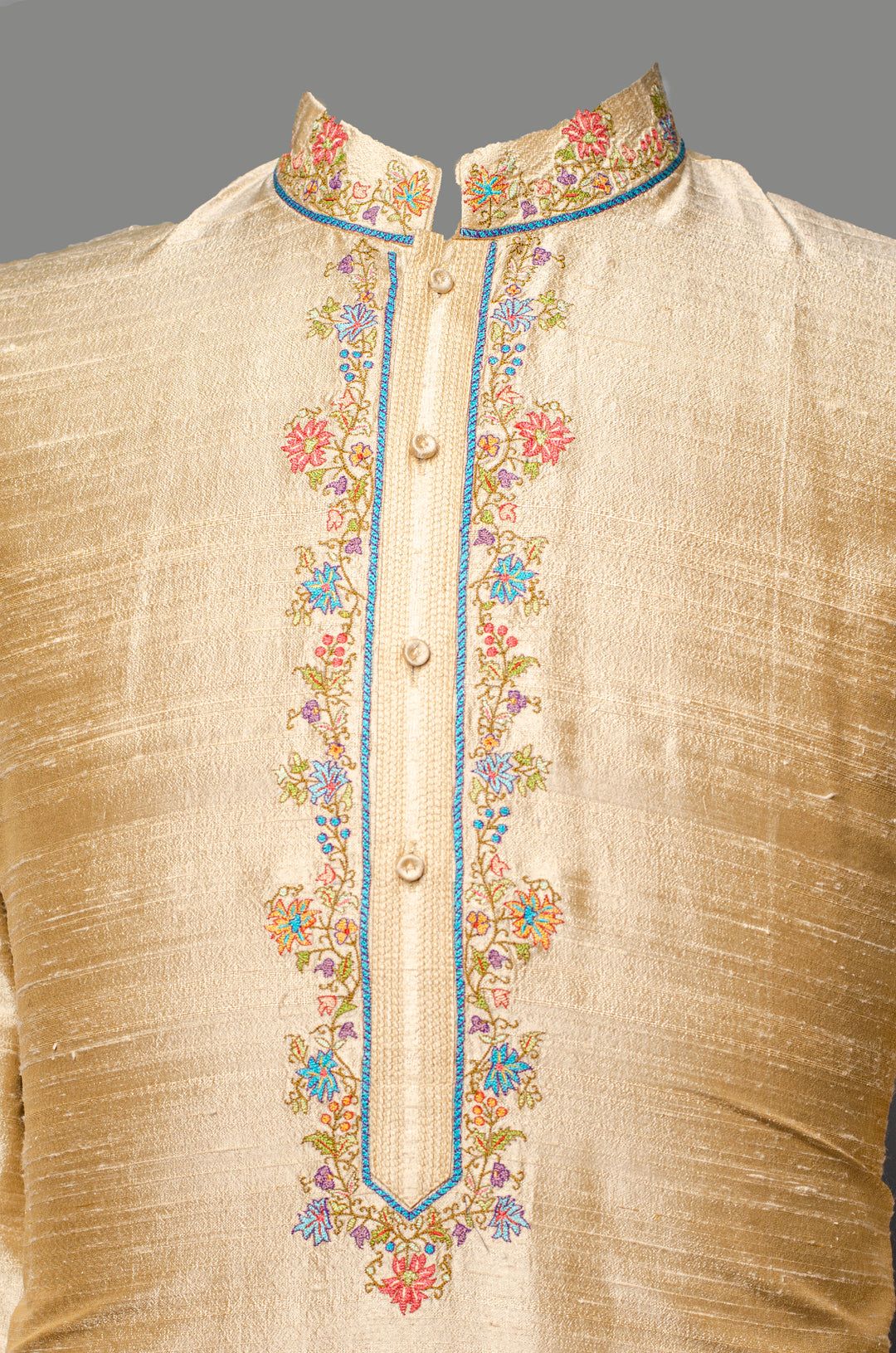 Men’s Beige Raw Silk Kurta Bundi Set with Kashmiri Embroidery