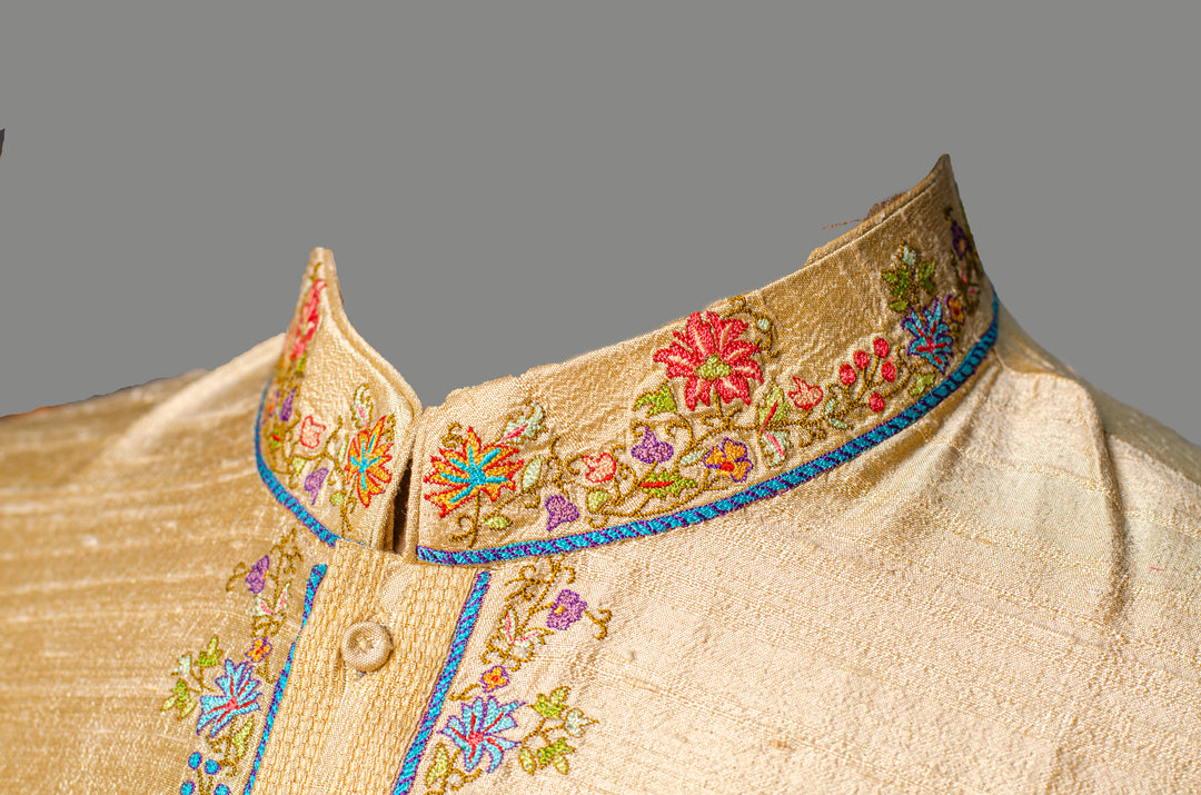 Men’s Beige Raw Silk Kurta Bundi Set with Kashmiri Embroidery