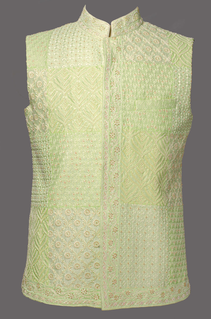 Green Chanderi Silk Bundi for Men | Hand & Machine Embroidered Nehru Jacket | Festive & Wedding Wear