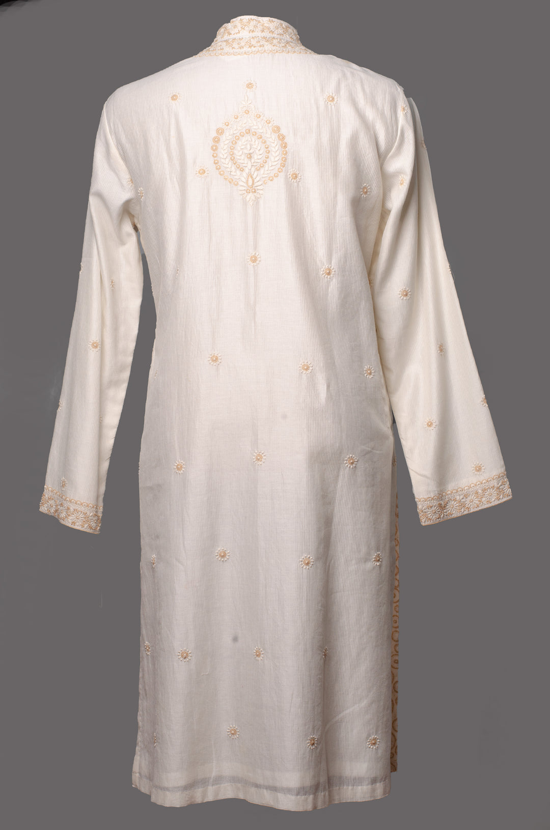 Off-White Chanderi Stripe Kurta Set with Lucknowi Embroidery