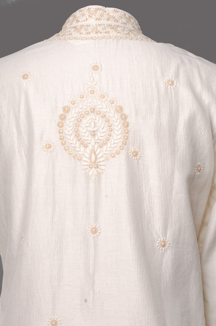 Off-White Chanderi Stripe Kurta Set with Lucknowi Embroidery