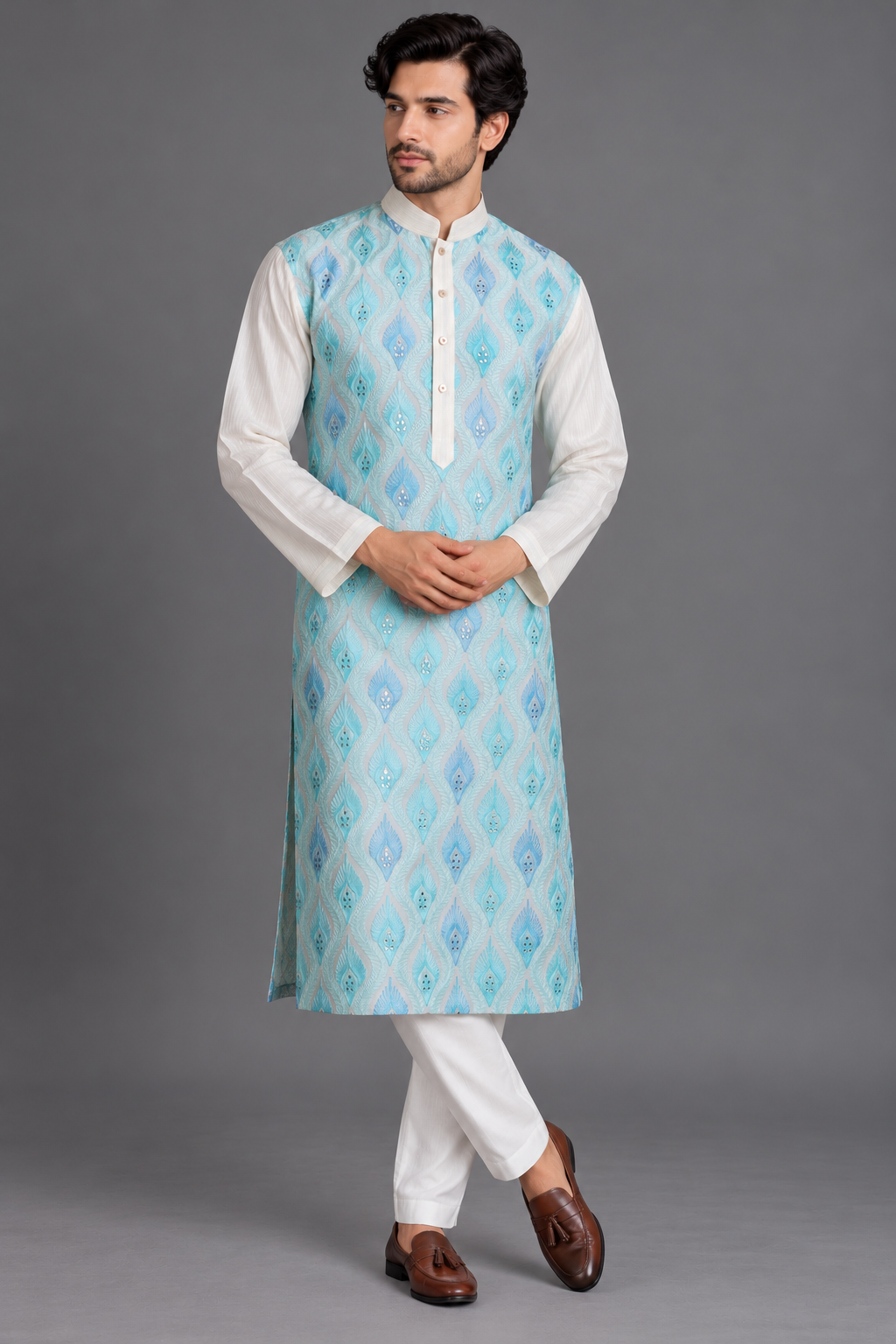 Off-White Chanderi Kurta for Men | Aari Embroidery with Mirror Touch | Luxury Wedding & Festive Wear