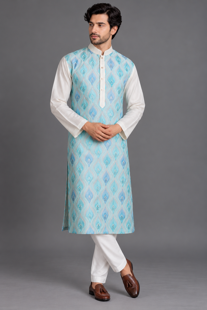 Off-White Chanderi Kurta for Men | Aari Embroidery with Mirror Touch | Luxury Wedding & Festive Wear